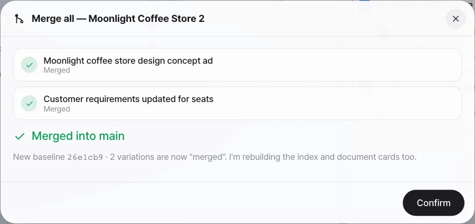 Merge done — the two variations show "Merged", main gets a new baseline number, and the index and document cards are rebuilt