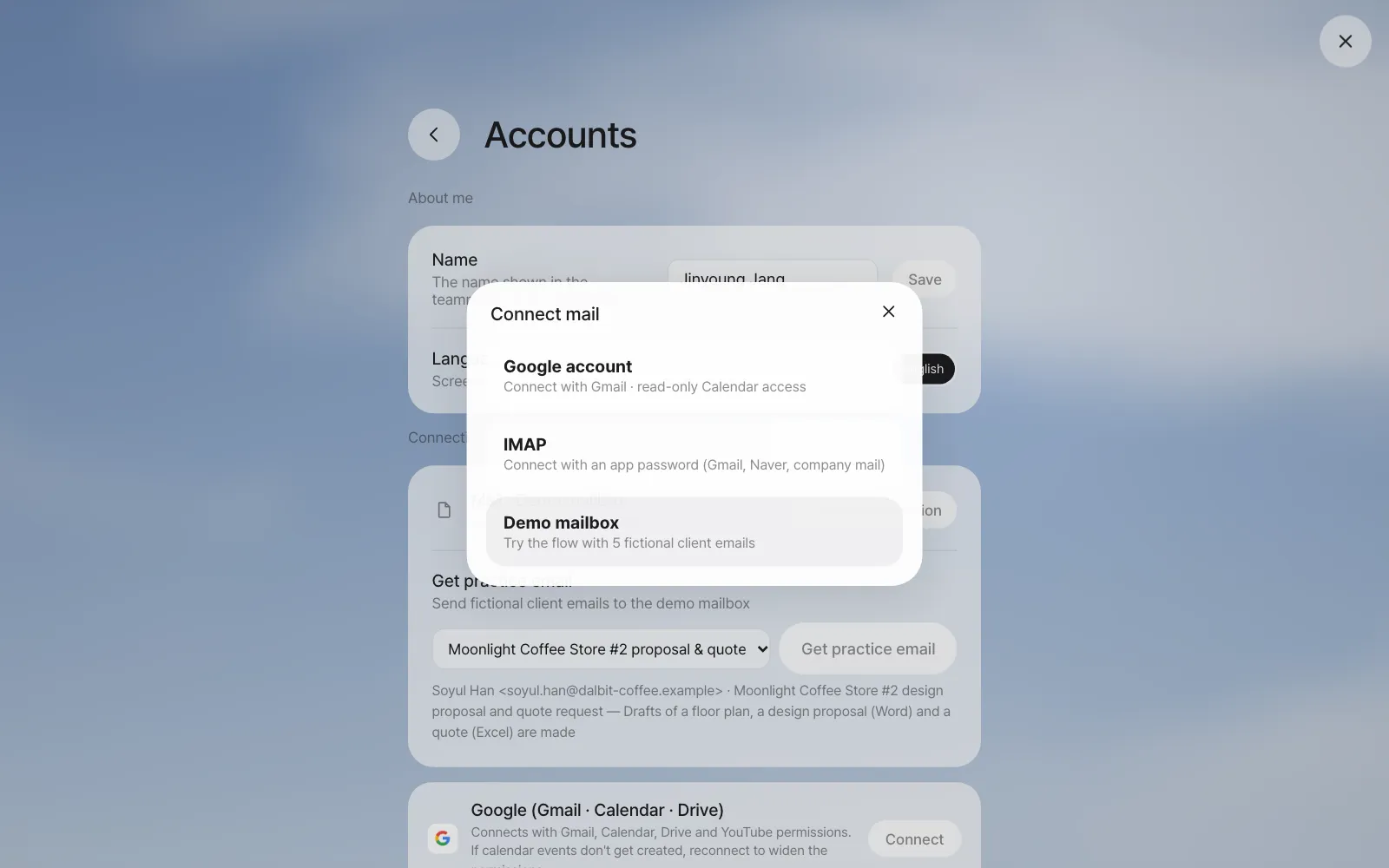 Clicking Change connection in Settings › Accounts — the same Connect mail window as the first time (Google account, IMAP, Demo mailbox) opens