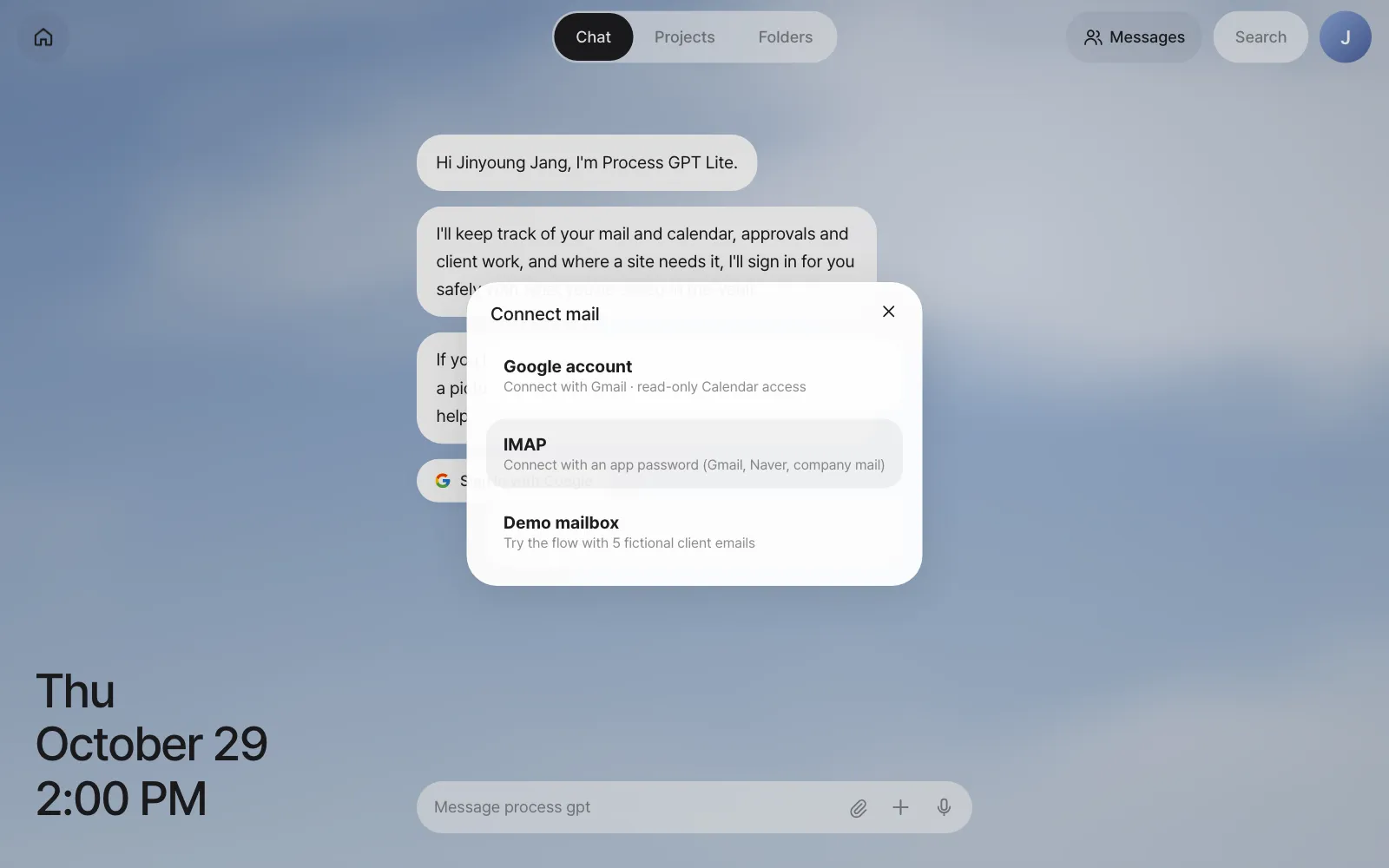 Connect mail — Google account, IMAP, Demo mailbox