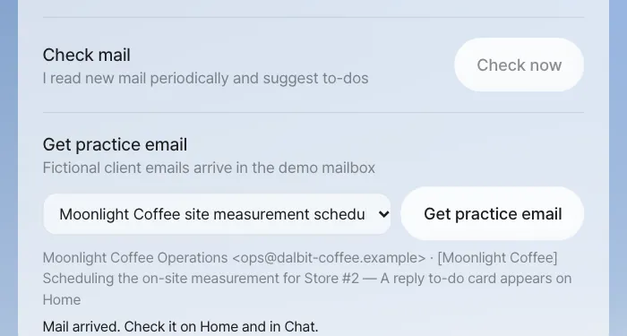 Get practice email — choosing and receiving Moonlight Coffee site measurement scheduling