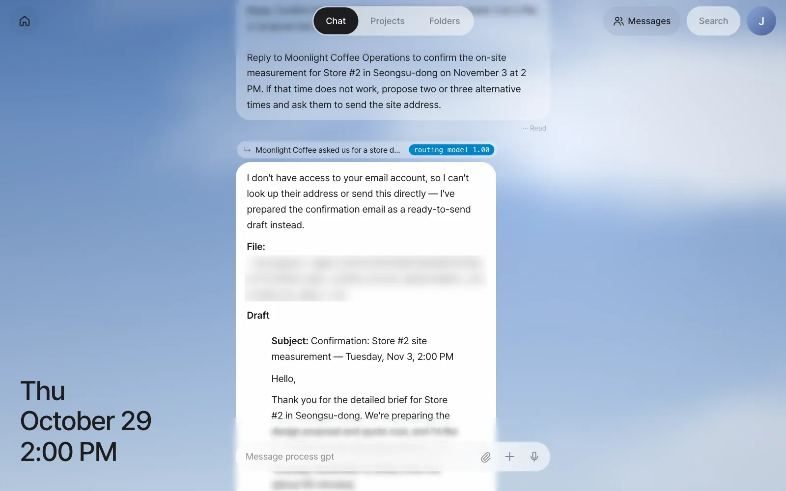 The reply draft — this answer also continued the Moonlight Coffee conversation (routing model 1.00)