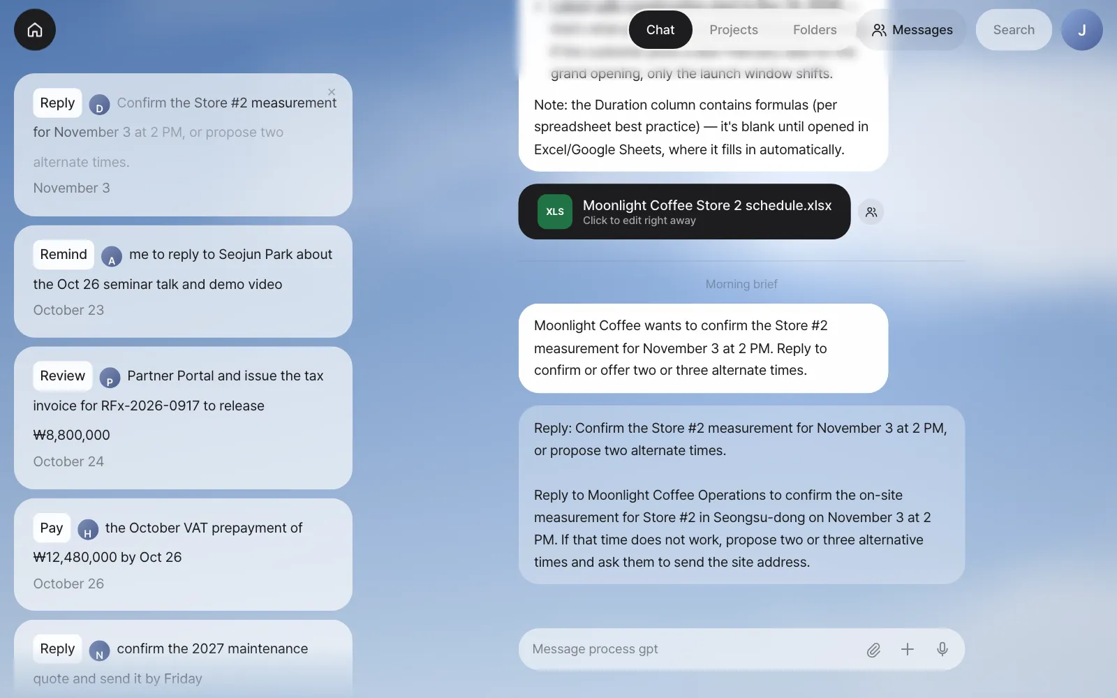 Right after clicking the card — the card on Home dims, and "Reply: …" and the instruction go up in Chat