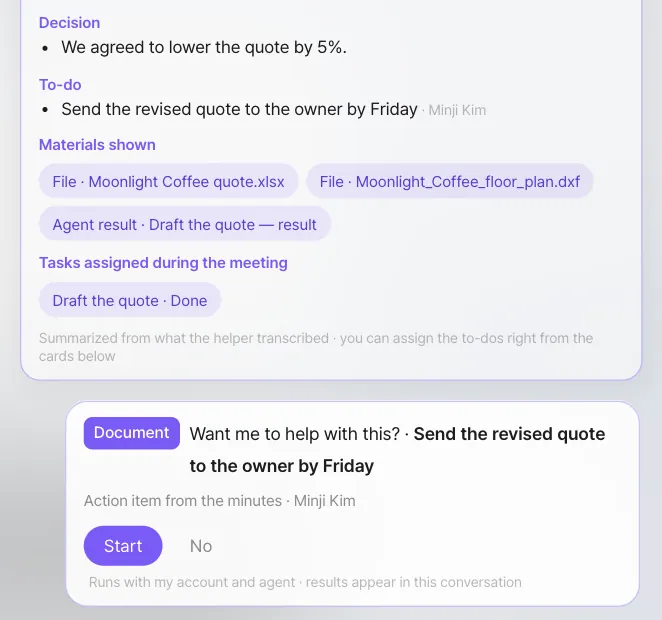 Minji Kim's screen — her to-do "Send the revised quote to the owner by Friday" appears below the minutes as a suggestion card ("Action item from the minutes · Minji Kim")