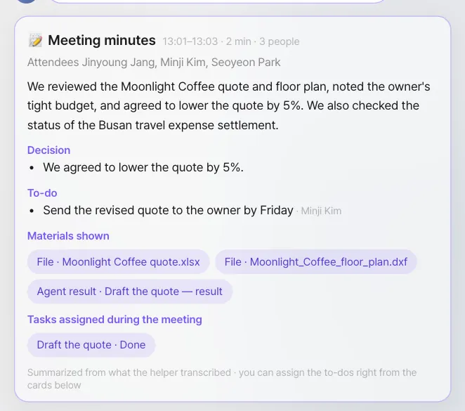 The final minutes — time, attendees, summary, decision, to-do (with who's responsible: Minji Kim), materials shown, and the task handed off during the meeting
