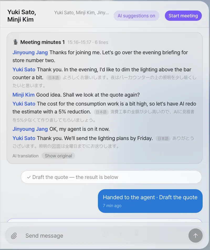The room after the meeting — the minutes block on team lead Jinyoung Jang's screen: Yuki Sato's lines in English with the Japanese under them, "AI translation" and "Show original"