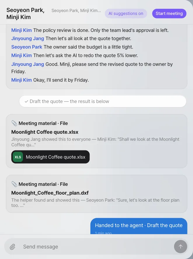The room — the minutes block by speaker, the finished suggestion, meeting material cards and "Handed to the agent · Draft the quote", in order