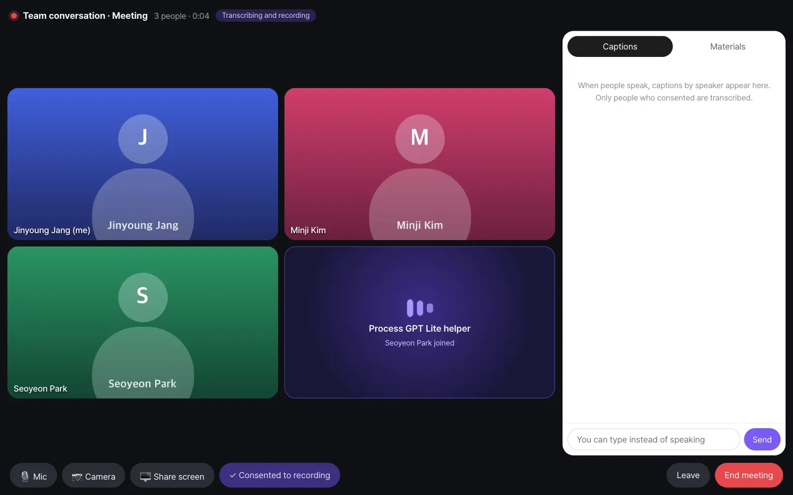 The meeting screen — three people and a "Process GPT Lite helper" tile. "Transcribing and recording" at the top, and the "Captions" and "Materials" tabs on the right