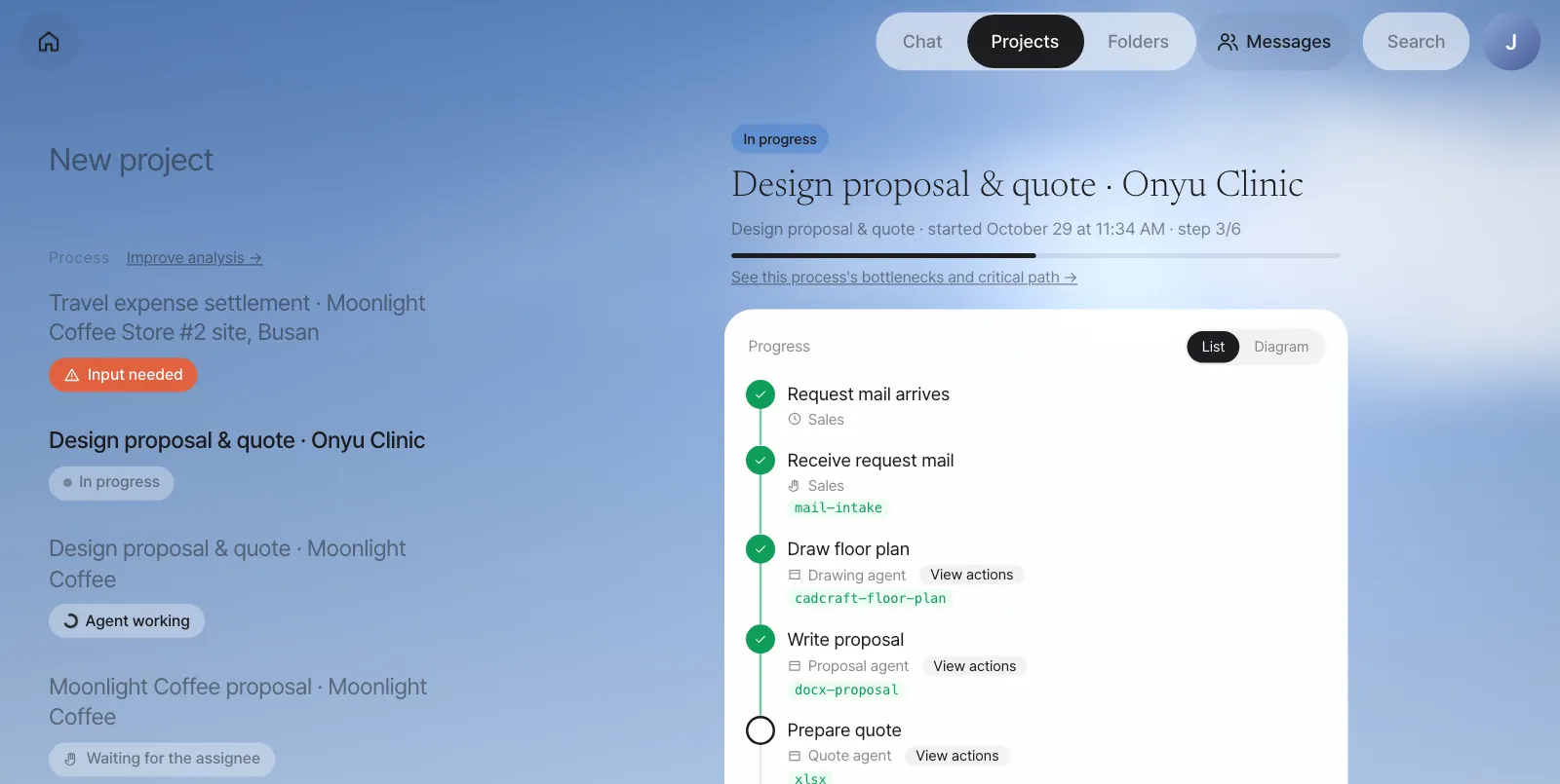The started instance — Receive request mail was filled in from the email and finished, Draw floor plan (drawing agent, cadcraft-floor-plan) and Write proposal (proposal agent, docx-proposal) are done, and Prepare quote (quote agent, xlsx) is running. Split, Finance review and Reply to customer follow