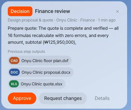 Seoyeon Park's Home — the Finance review to-do from the formal process, with Approve / Request changes. Clicking a chip opens her own copy. The card below it is the Gwanghwamun Store #53 review from Part 6