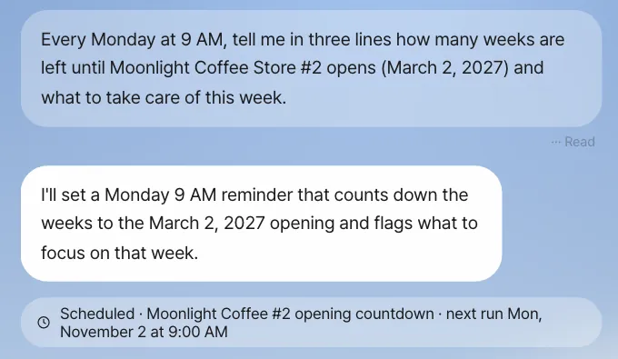 The schedule chip "Scheduled · Moonlight Coffee #2 opening countdown · next run Mon, November 2 at 9:00 AM"