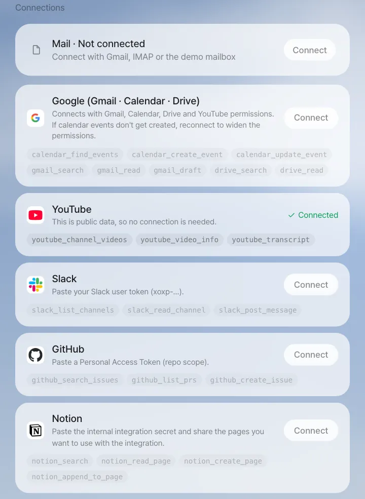 Accounts › Connections. YouTube is connected from the start; for the others, each person clicks "Connect"