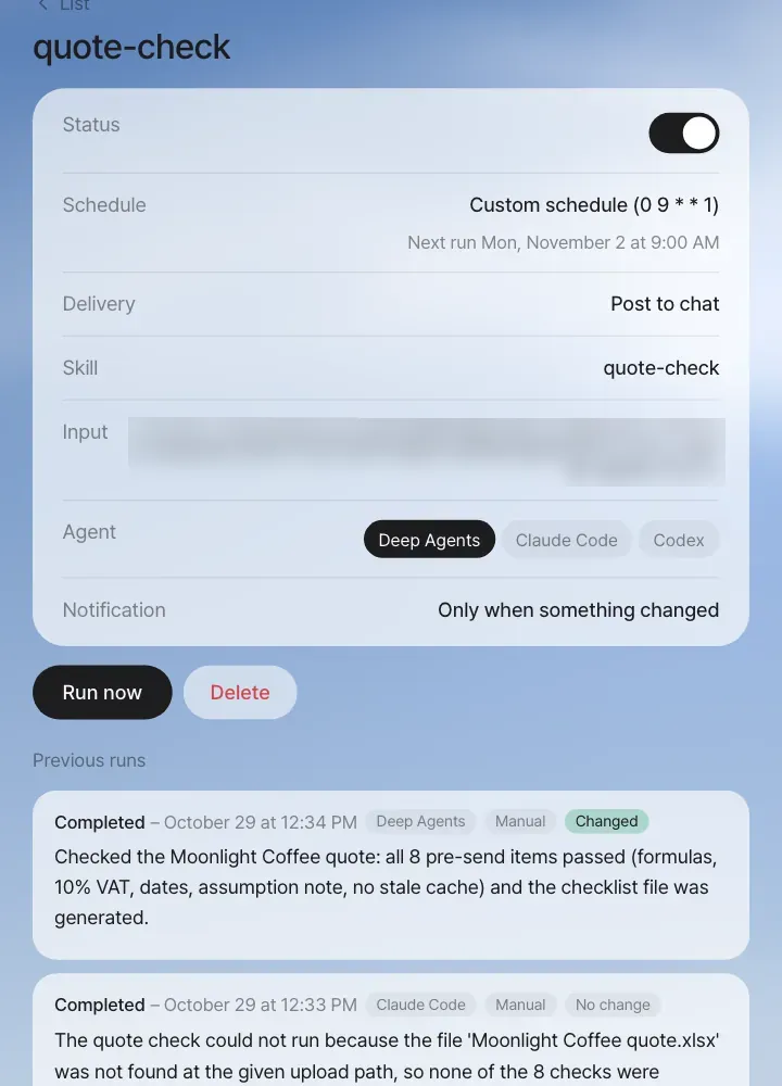Mission details — status switch, schedule, skill, input, agent (Deep Agents, Claude Code, Codex), notification "Only when something changed", "Run now", and two manual runs: Deep Agents (Completed · Changed) and Claude Code (Completed · No change)