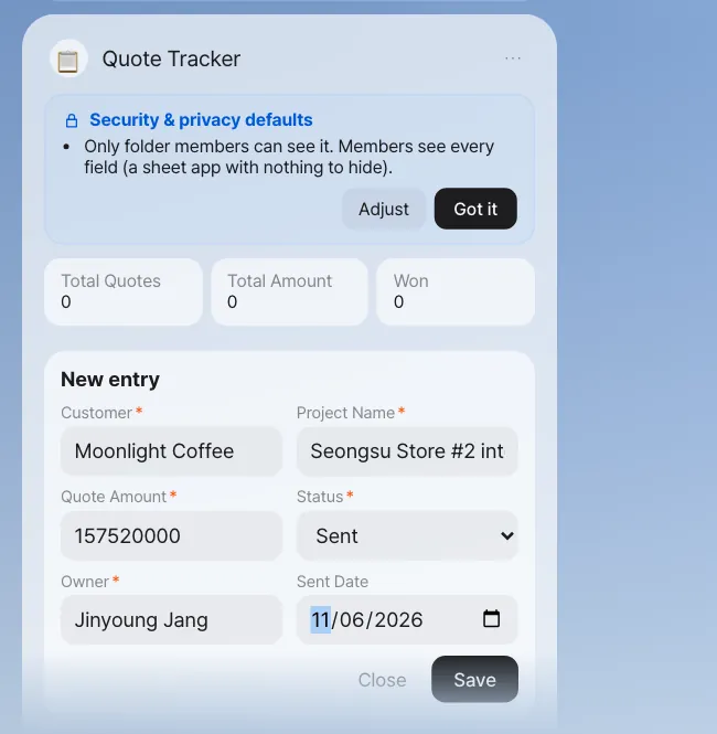 The New entry form of the Quote Tracker. Required fields are marked with *, Status is a dropdown, and Sent Date is a date input