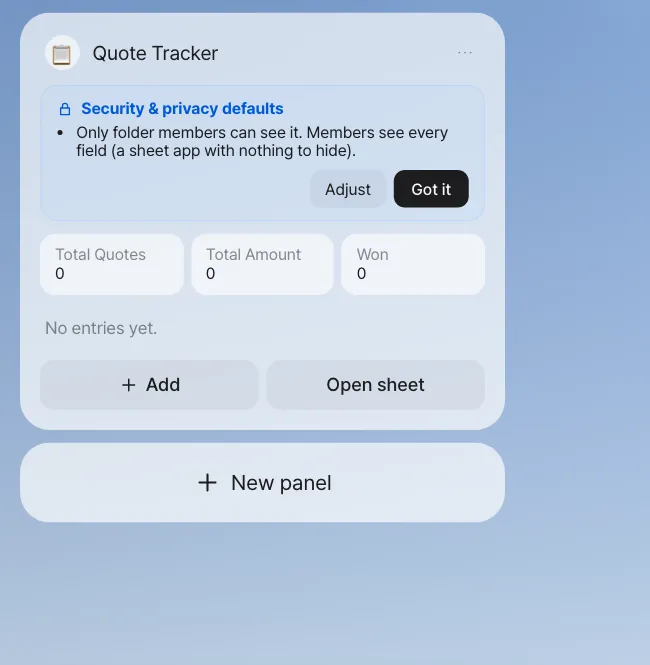 The Quote Tracker panel on Home. At the top is the "Security & privacy defaults" card; below are tiles for Total Quotes, Total Amount and Won, plus "Add" and "Open sheet"