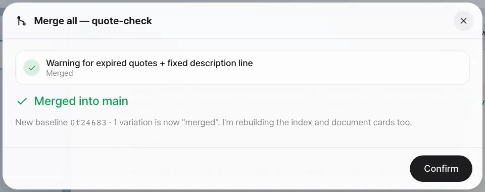 The Merge all result — Merged, Merged into main. Behind it, the pre-merge check that timed out