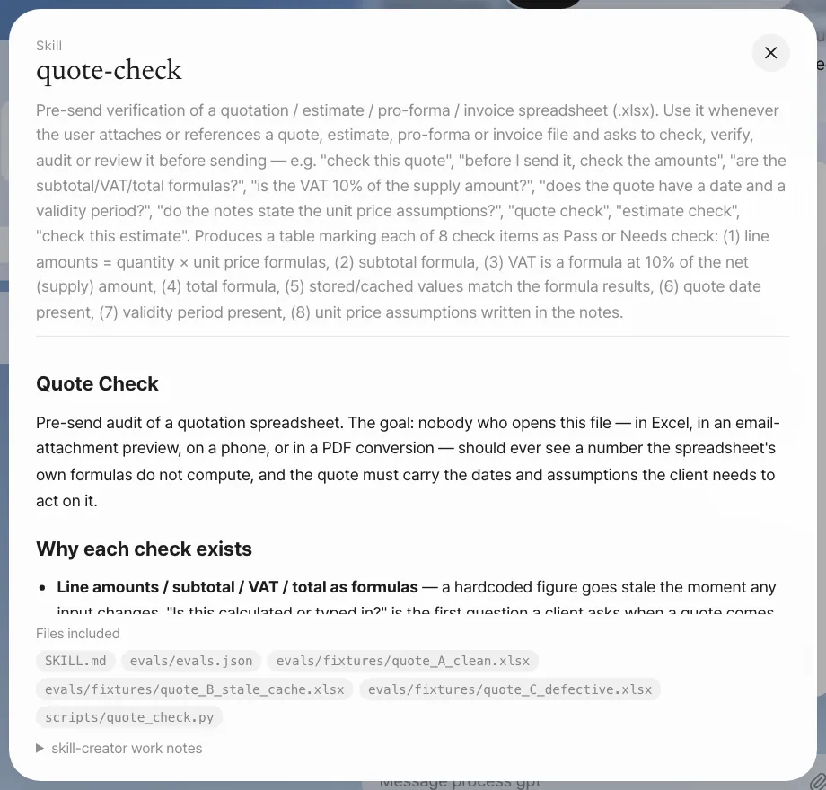 View full SKILL.md — the description, "Quote Check", "Why each check exists", and the files included