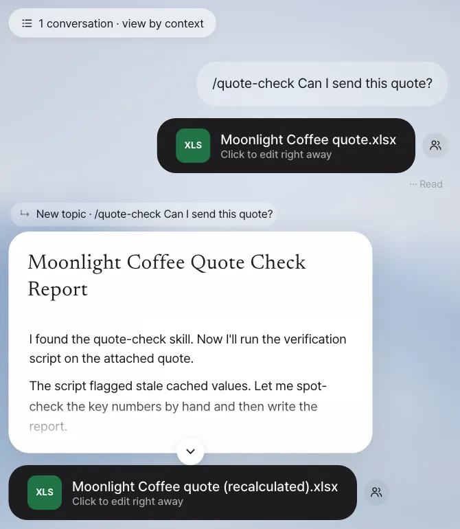 Minji Kim's chat. Below the /quote-check request, the "Moonlight Coffee Quote Check Report" answer ("I found the quote-check skill…") and the recalculated copy's Excel card