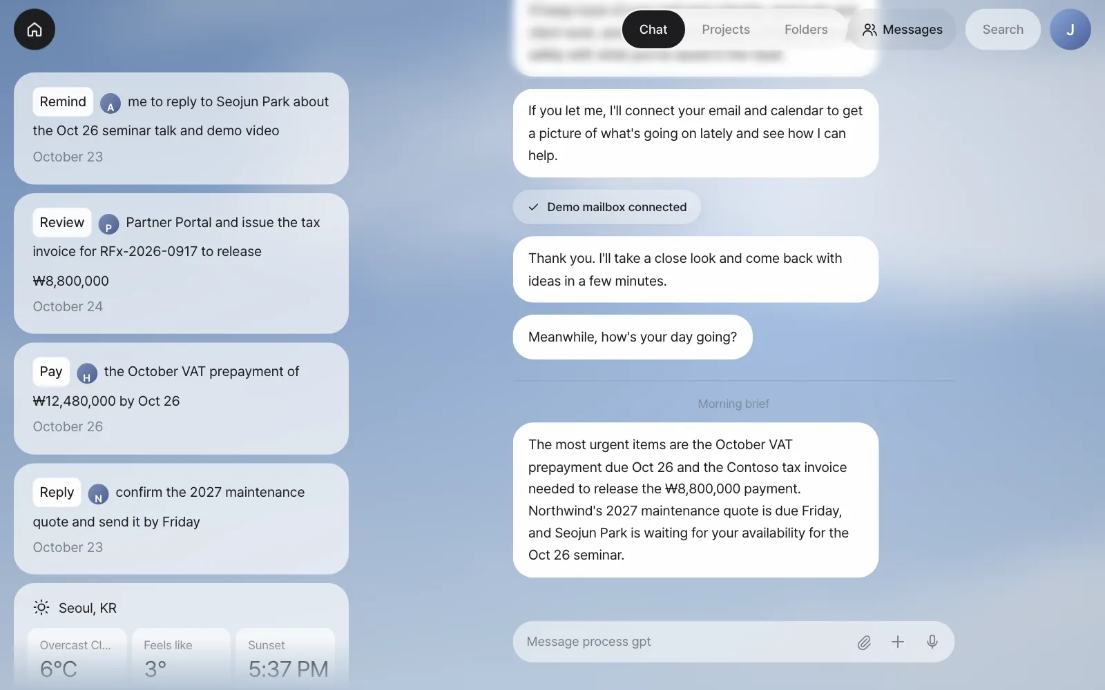 The screen right after connecting the demo mailbox in Chapter 1 — four to-do cards and the weather on Home at the left, the Morning brief in Chat in the middle