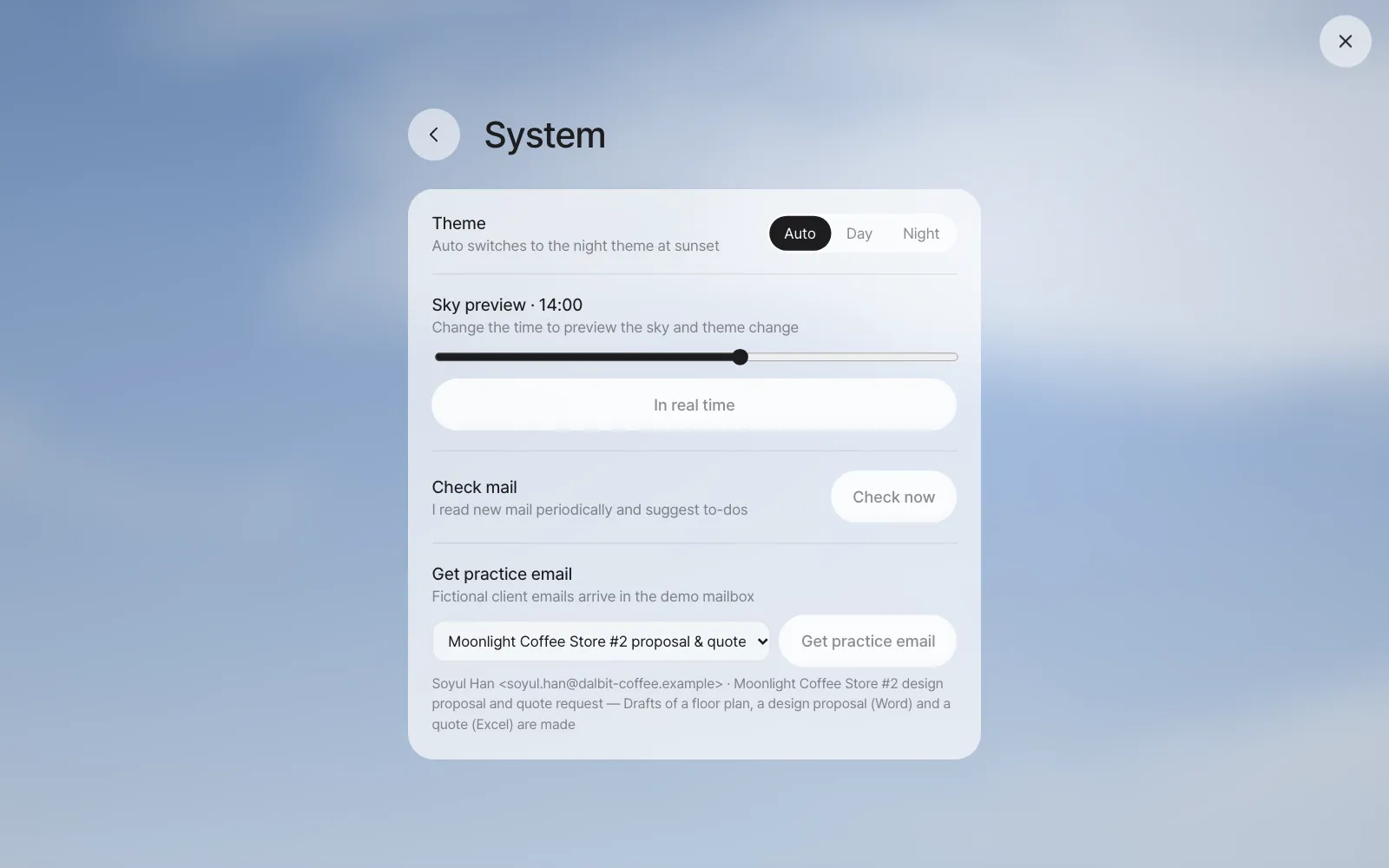 System — theme, sky preview, check mail, get practice email
