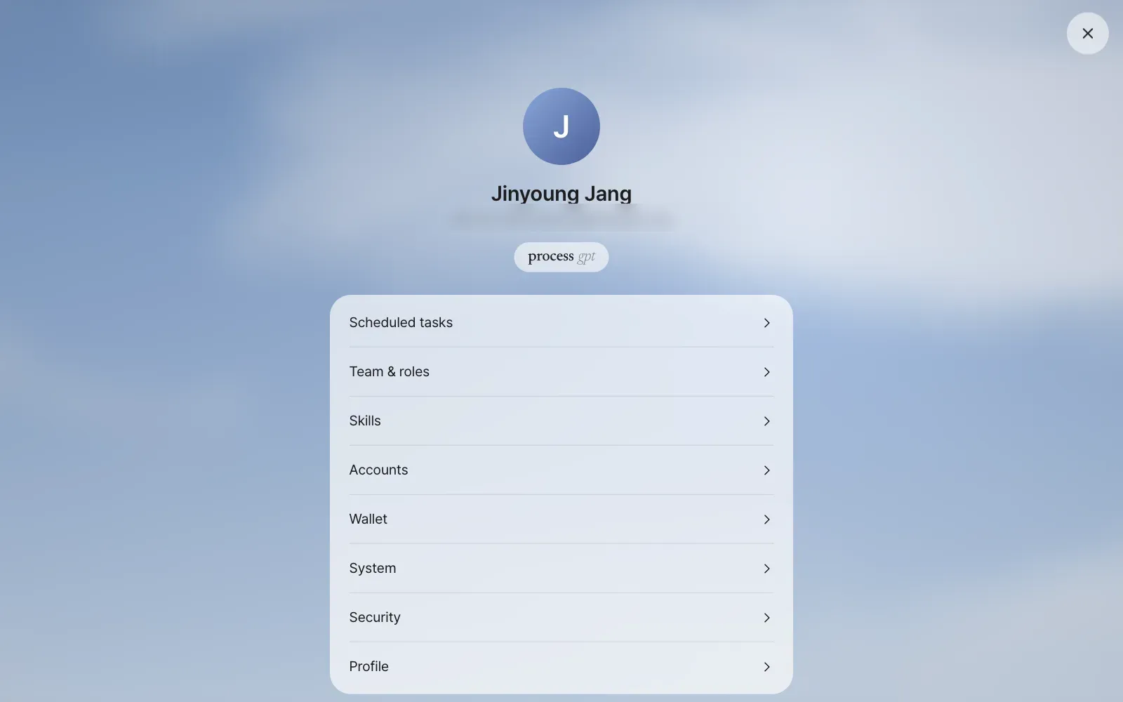 Settings — eight menus under your name and email