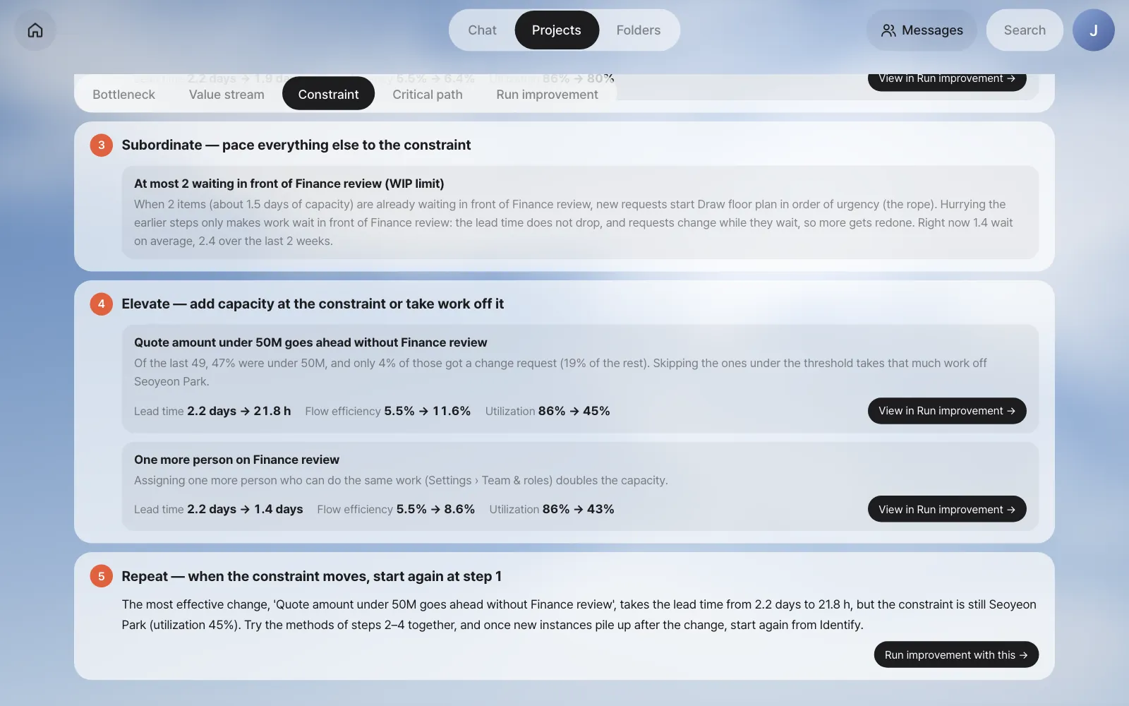Subordinate, elevate and repeat in the five steps — WIP limit, skipping cases under the threshold (47% of the last 49 were under 50M, and 4% of those got a change request), adding a person