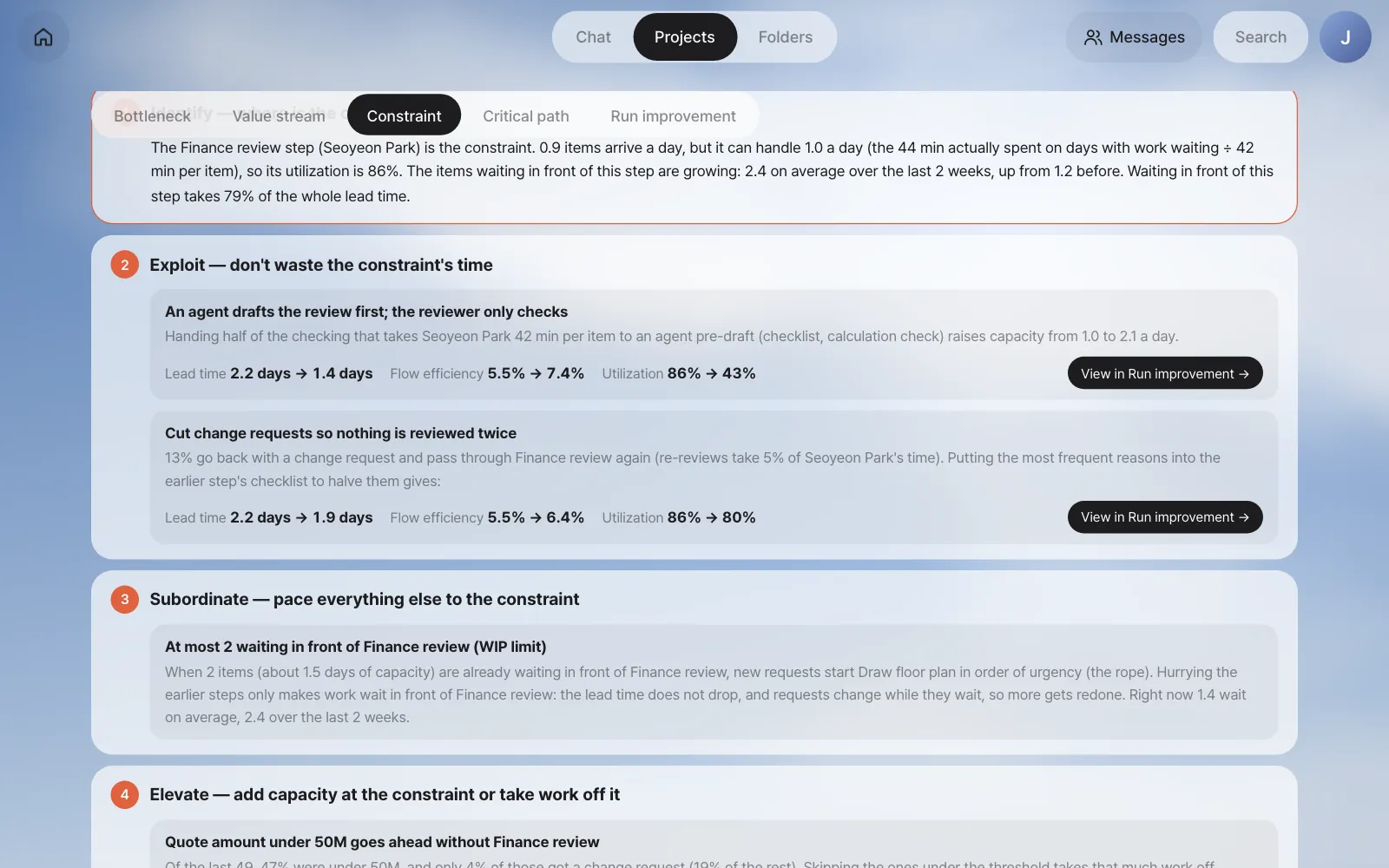 The five focusing steps of the theory of constraints — from 1 Identify to 4 Elevate. Each action shows lead time, flow efficiency and utilization before → after, and a "View in Run improvement →" button
