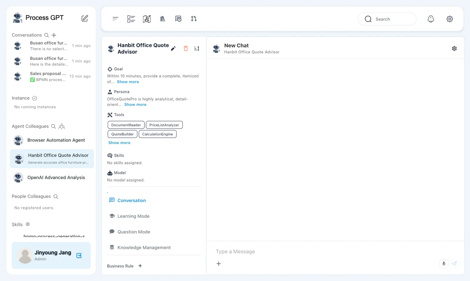 The agent screen — profile on the left (Goal, Persona, Tools, Skills, Model, Conversation · Learning Mode · Question Mode · Knowledge Management, Business Rule), “New Chat” on the right