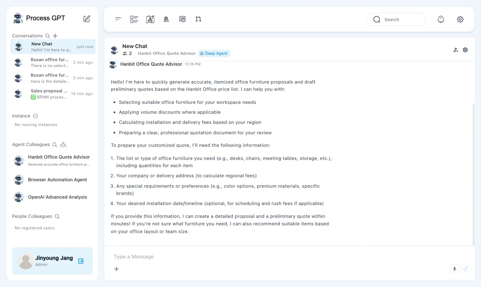 The chat room reopened from Conversations — header “2 · Hanbit Office Quote Advisor · Deep Agent”, the first answer