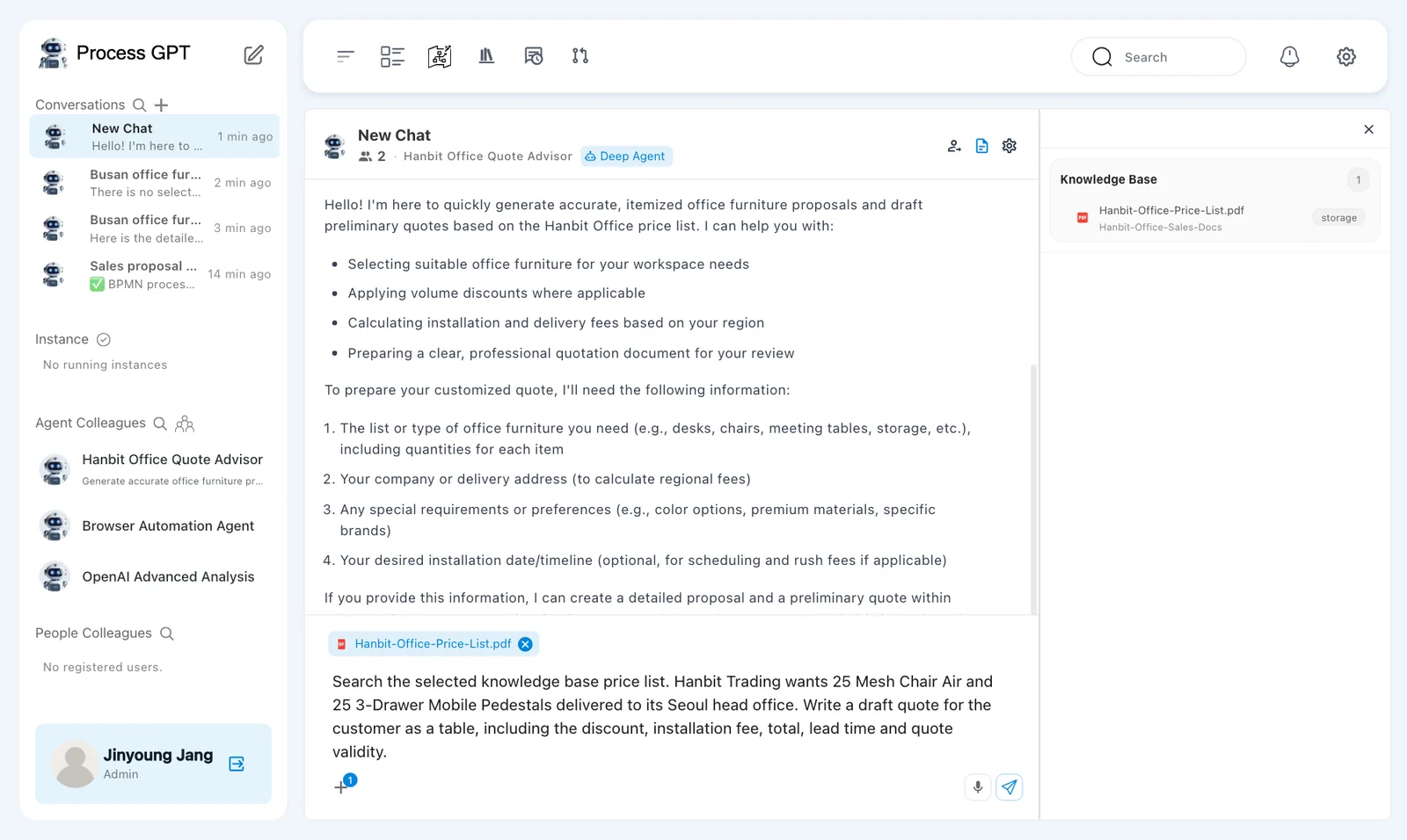The question typed — the “Hanbit-Office-Price-List.pdf” chip above the chat box, “Knowledge Base 1” on the right