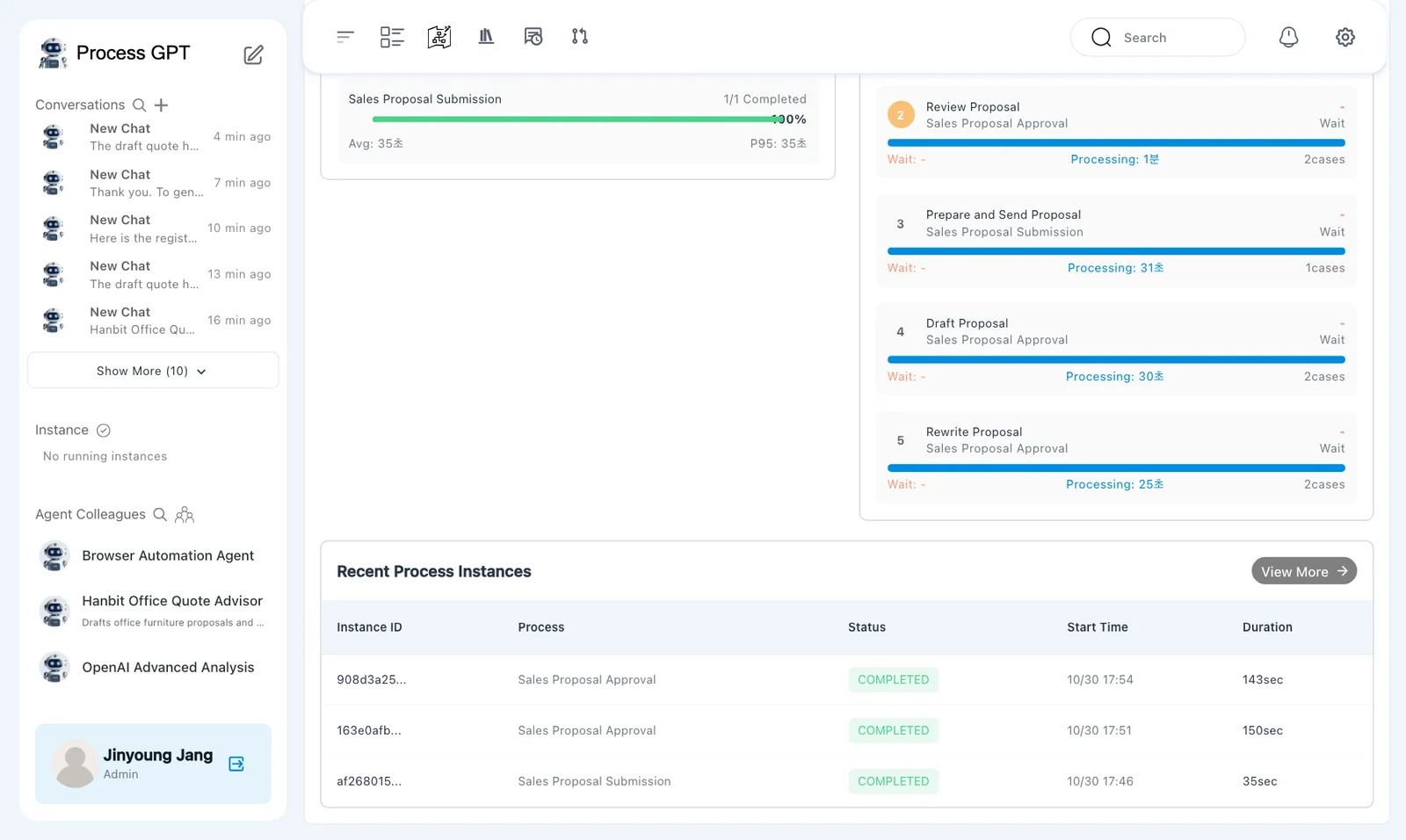 Recent instances — two completed approval instances at 143sec and 150sec, and one submission at 35sec
