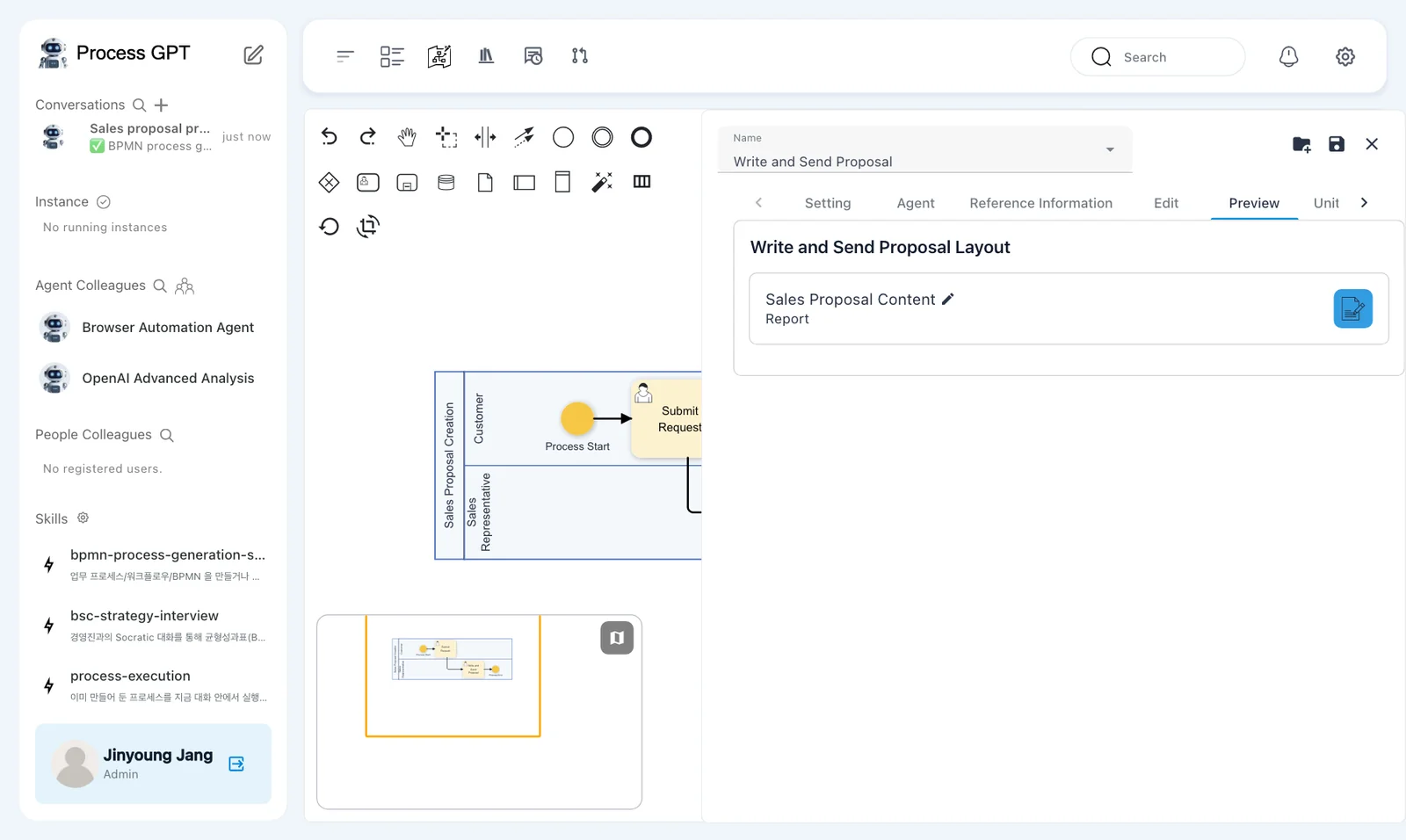 Form preview — “Write and Send Proposal Layout” with one field, “Sales Proposal Content” (Report)