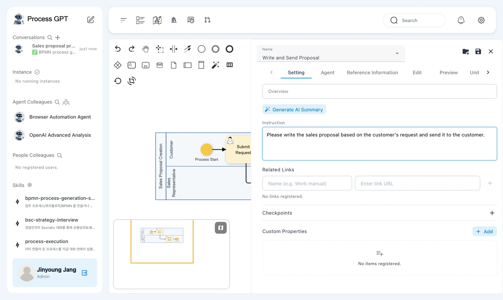 The step panel for “Write and Send Proposal” — the Setting, Agent, Reference Information, Edit, Preview and Unit Test tabs, and Overview, Instruction, Related Links and Checkpoints on the Setting tab