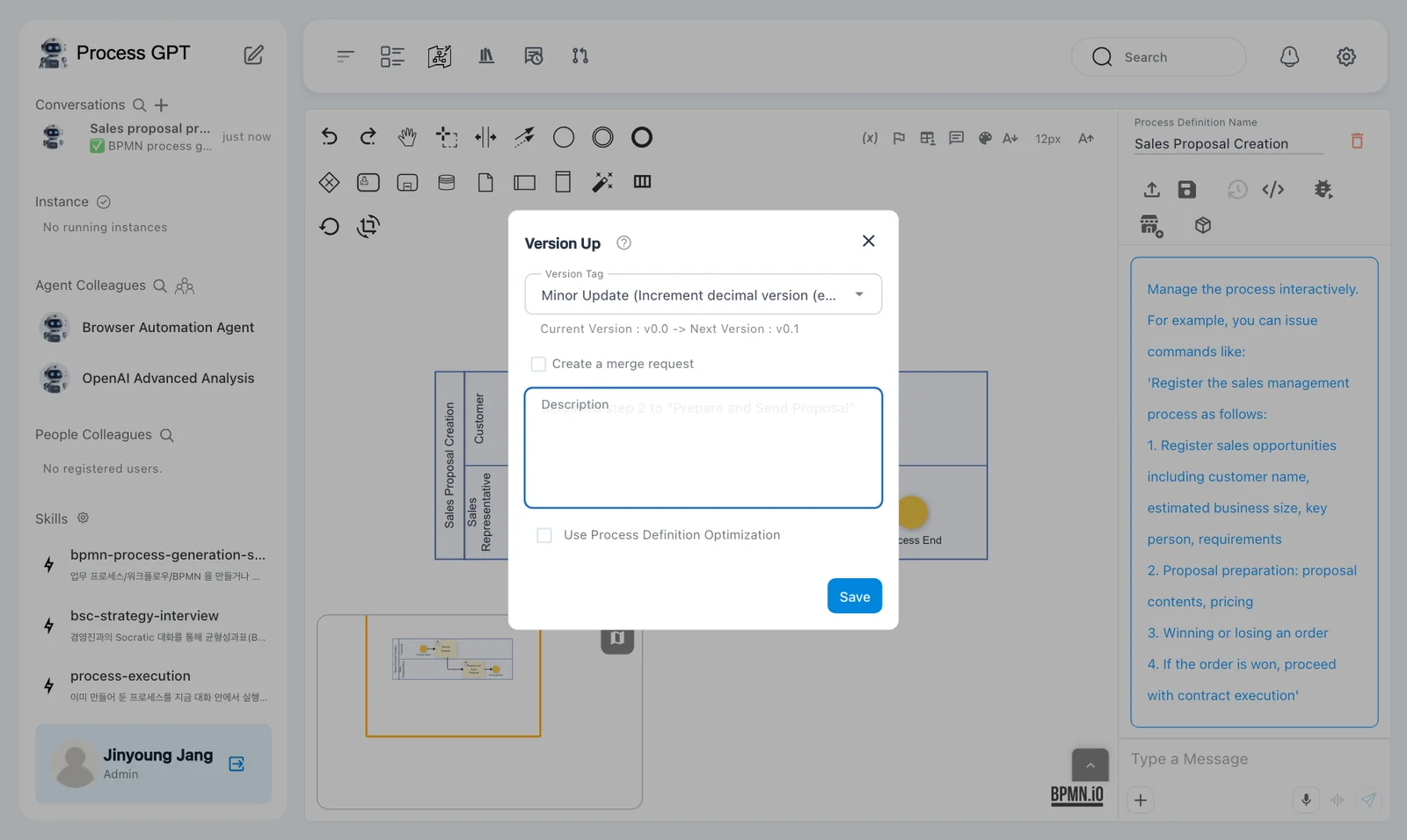 The Version Up dialog — Version Tag (Minor Update), Current Version v0.0 to Next Version v0.1, Create a merge request, Description, Use Process Definition Optimization, Save