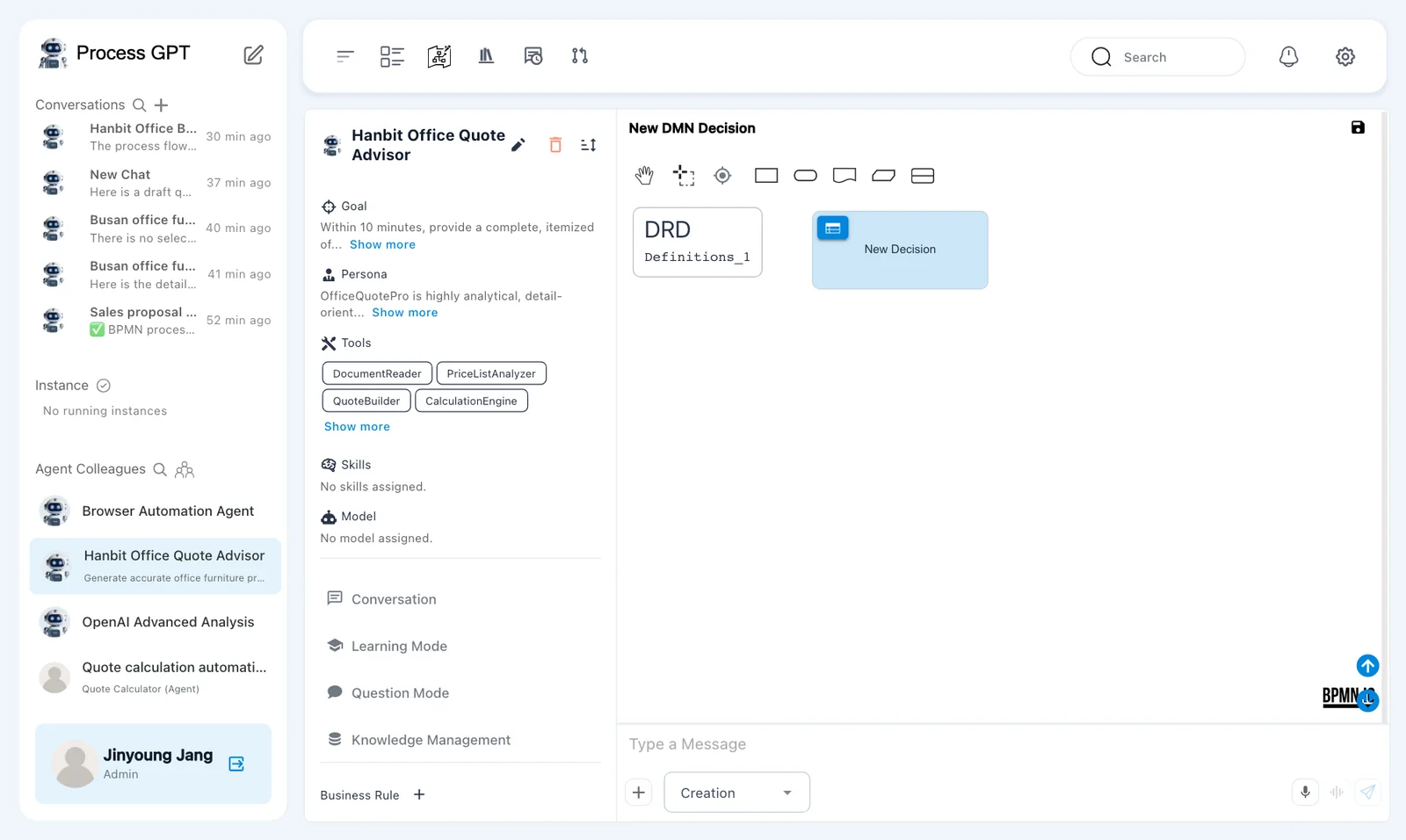 Business Rule + — “Business Rule +” below the agent profile, the DMN editor (DRD) open on the right with an empty “New Decision” box, and the chat box in Creation mode