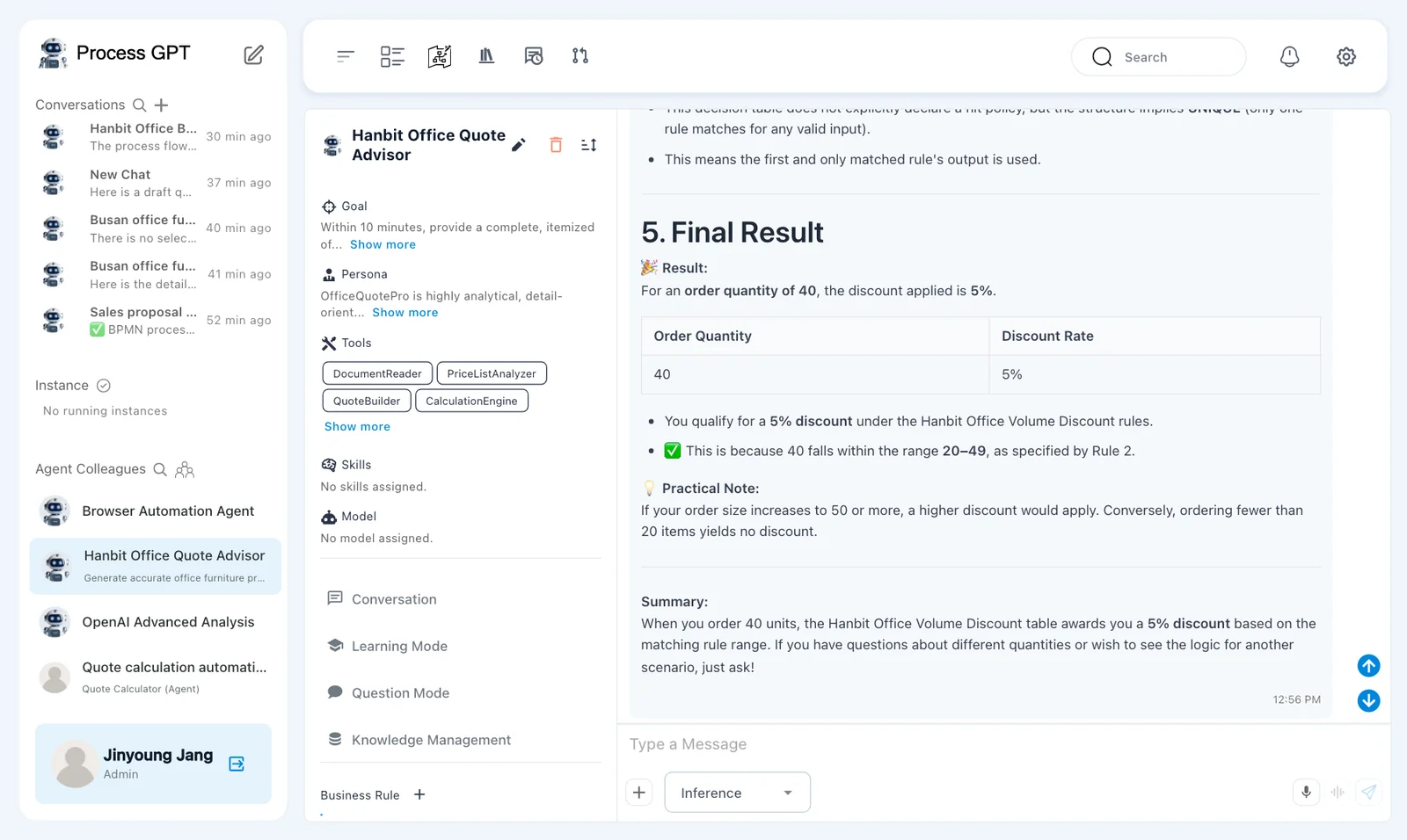 Inference mode — mode Inference and “5. Final Result”: for an order quantity of 40 the discount is 5%, matched by Rule 2, with a practical note and a summary