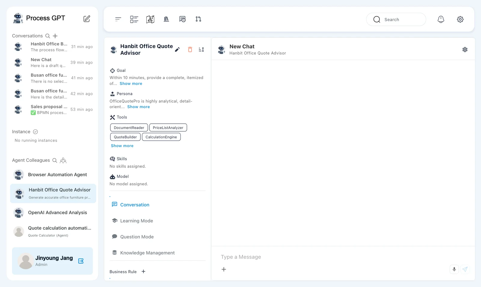 The agent opened again — the profile on the left down to “Business Rule +”, and an empty New Chat on the right