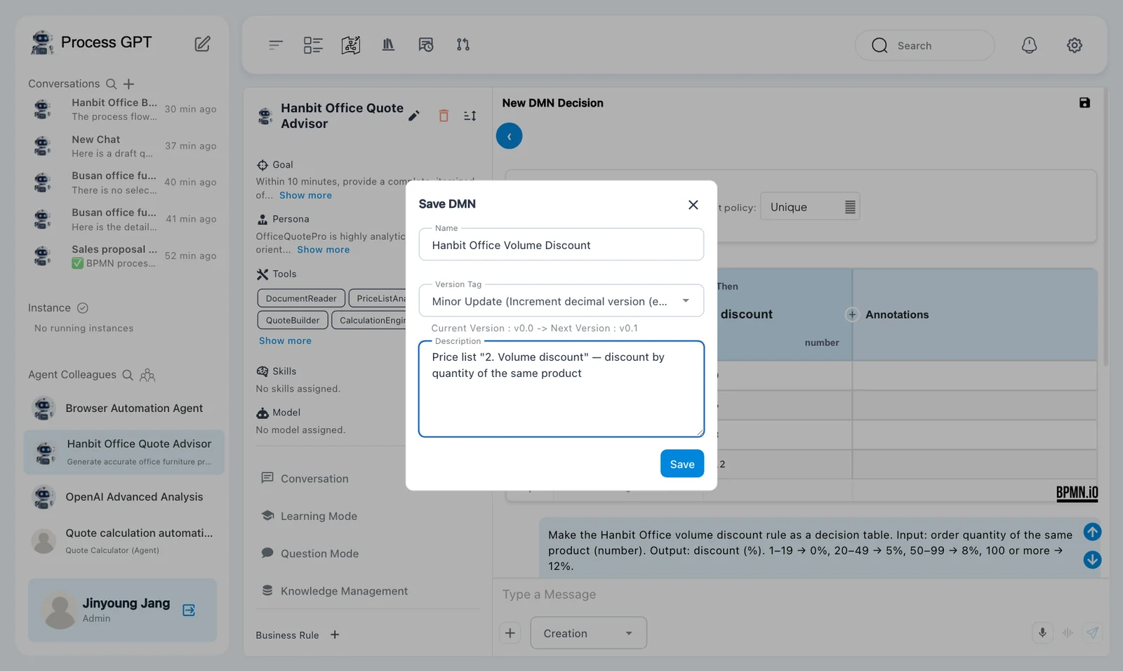 Save DMN dialog — Name “Hanbit Office Volume Discount”, Version Tag Minor Update (v0.0 to v0.1), and the Description of the rule