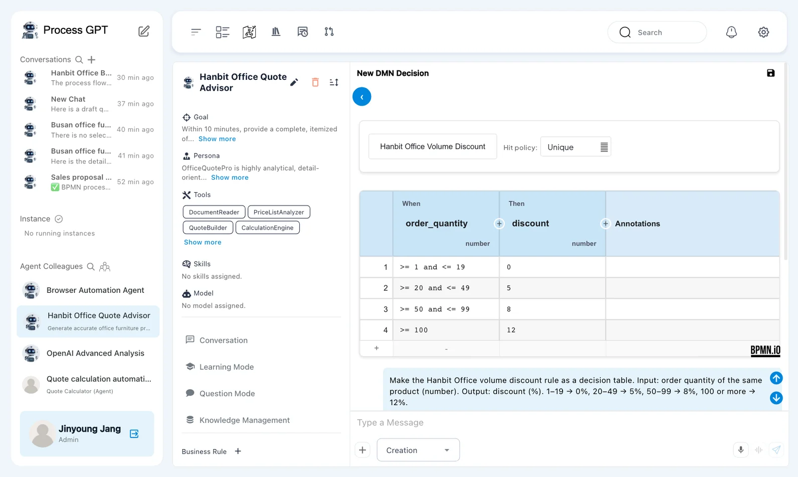 Decision table — name “Hanbit Office Volume Discount”, Hit policy “Unique”, When “order_quantity” (number), Then “discount” (number), 4 rule rows