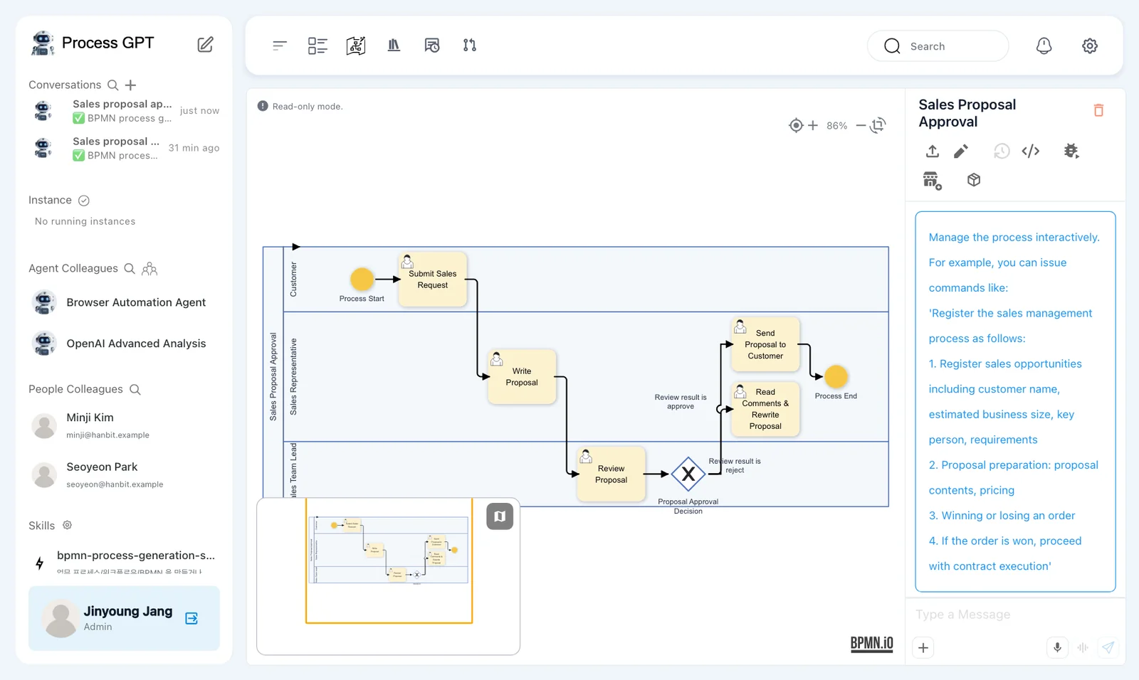 Approval flow — three lanes, Proposal Approval Decision, two conditional branches, and the rewrite loop