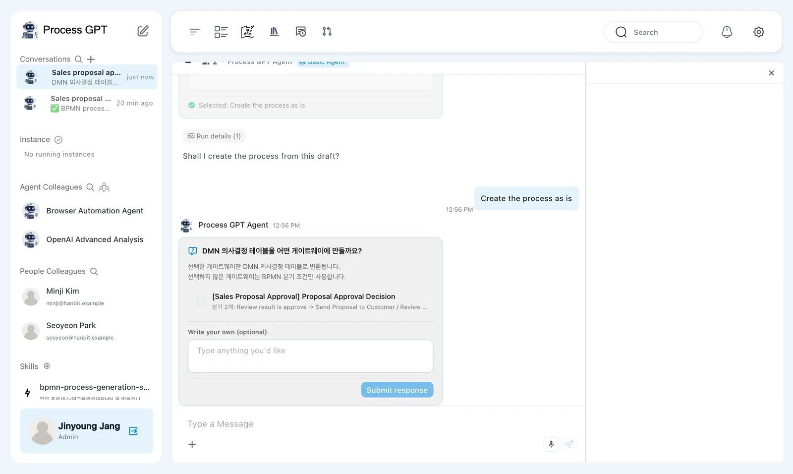 Draft approval — the draft confirmation and Create the process as is choice