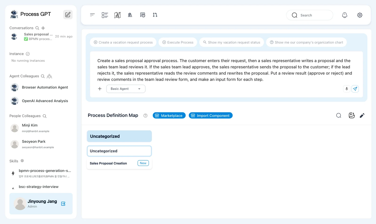Process creation prompt — Basic Agent selected and the request for approval, rejection, and input forms