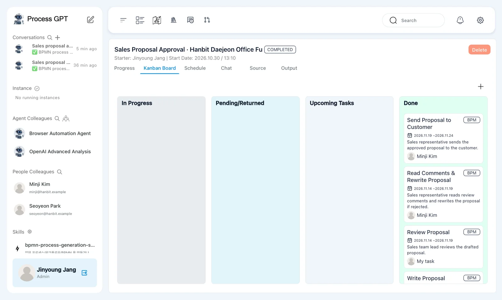 Completed instance — COMPLETED status and five cards in Done, including one Review Proposal card