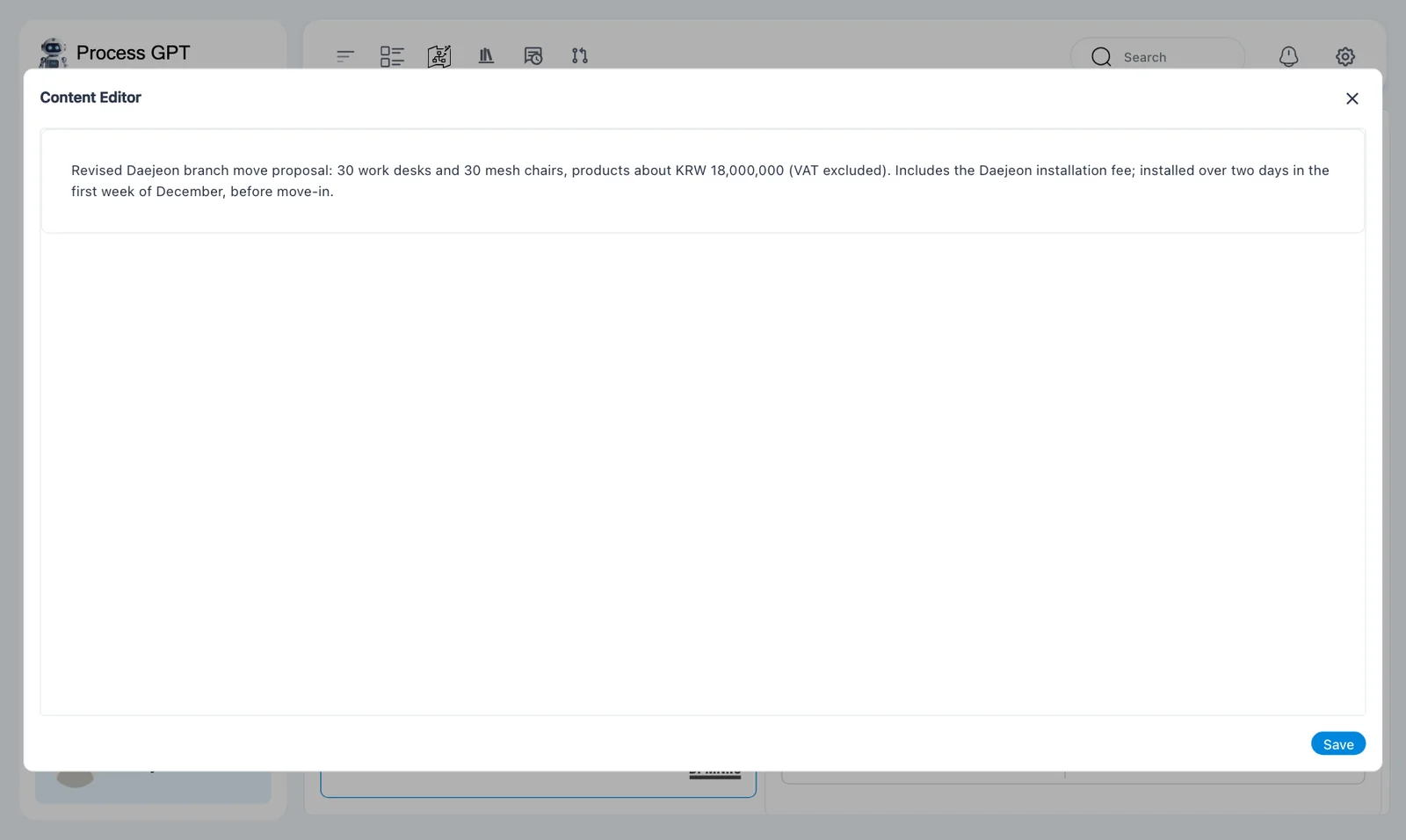 Revised proposal editor — the proposal now includes the Daejeon installation fee and a two-day installation schedule