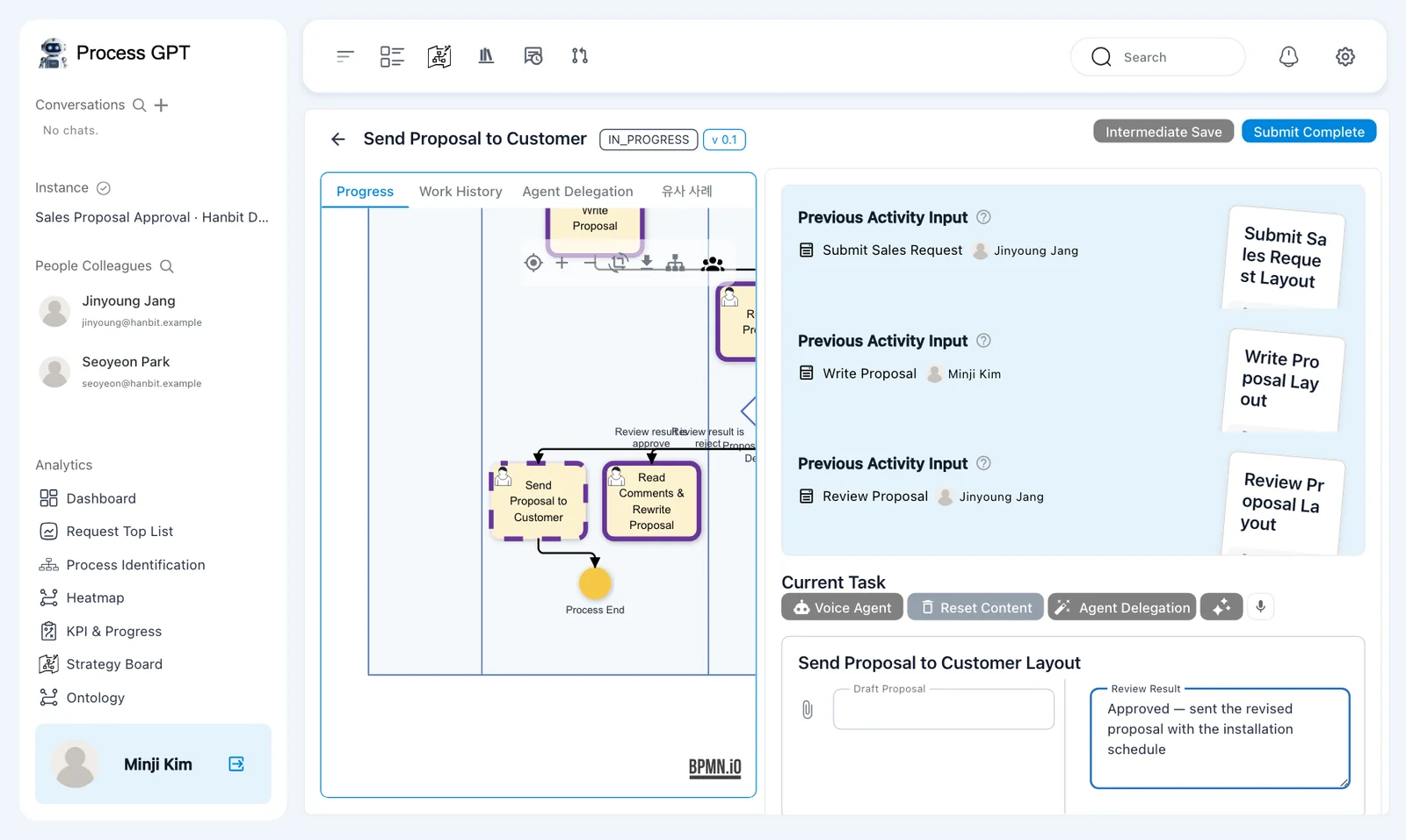 Customer-sending task — empty Draft Proposal file field and the completed Review Result text
