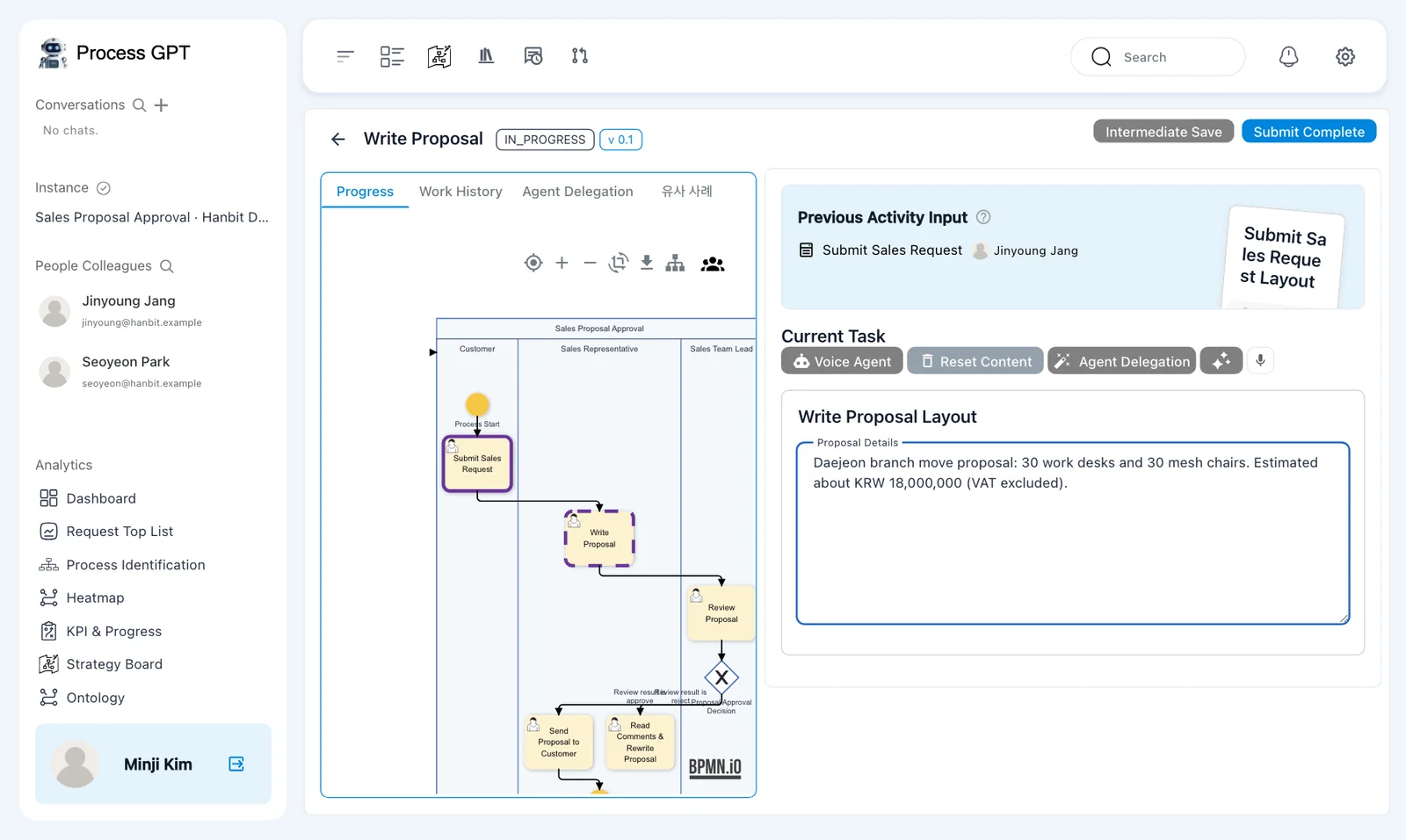 Filled proposal task — Previous Activity Input and the proposal in the plain Proposal Details text box
