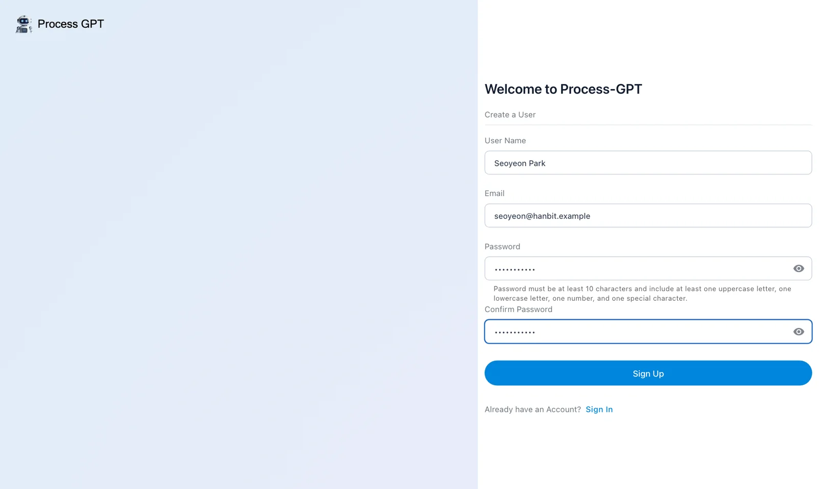 Seoyeon's registration — the name and email fields and password guidance