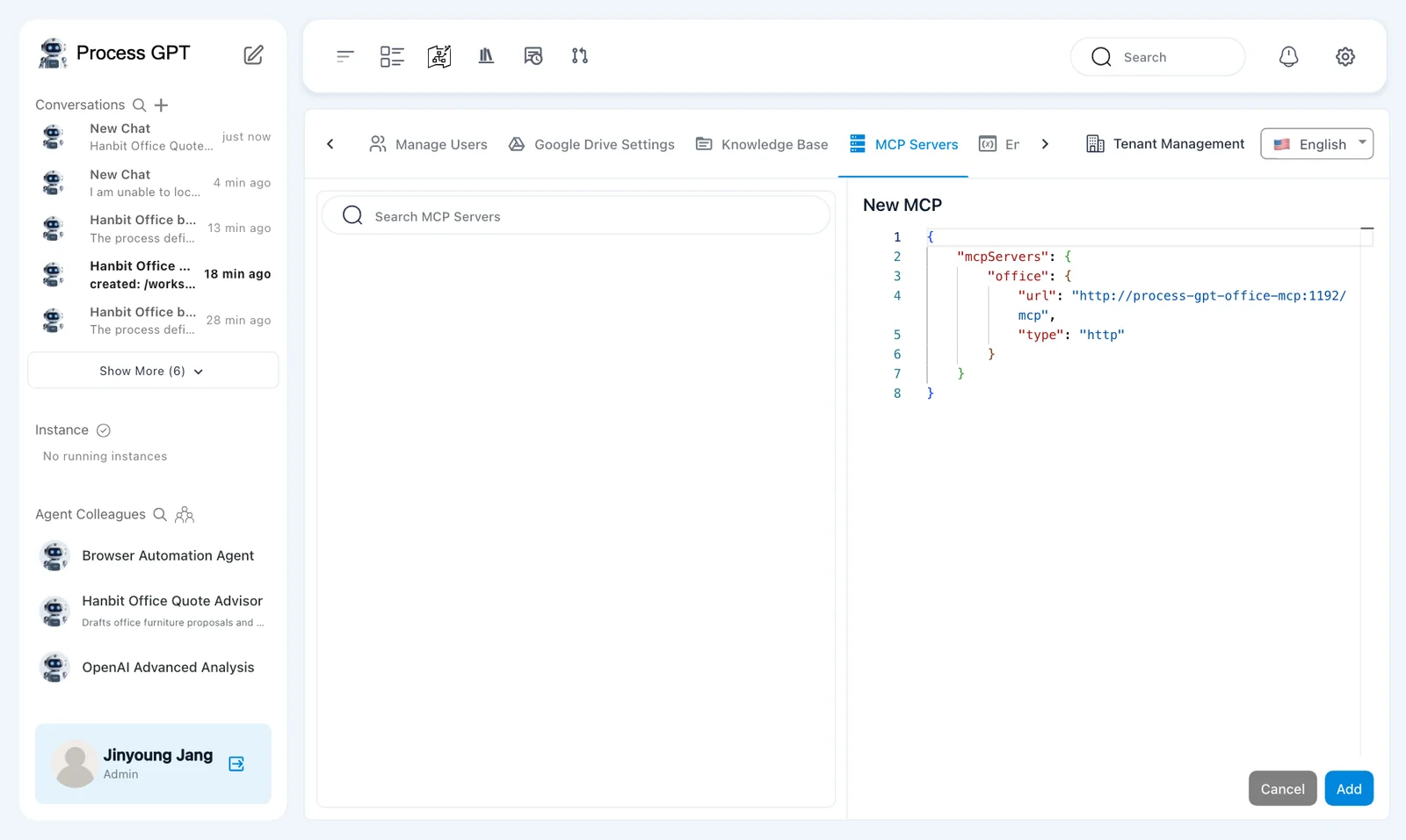 Server registration — the office JSON in the New MCP editor