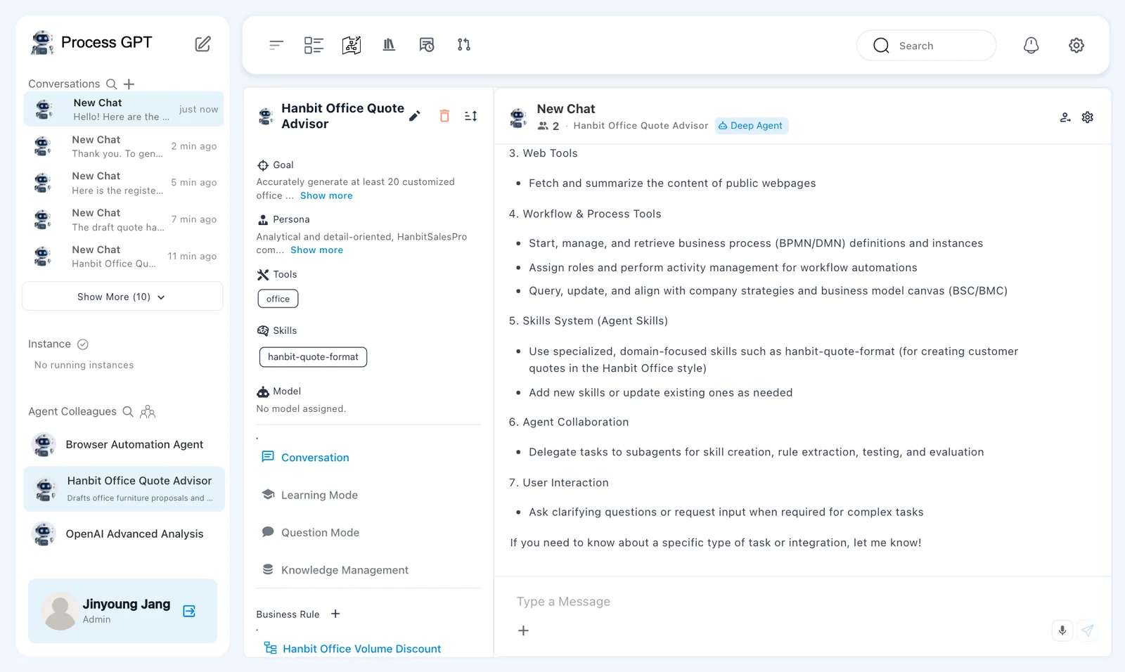 Tool-check conversation — the agent lists filesystem, document, and web tools