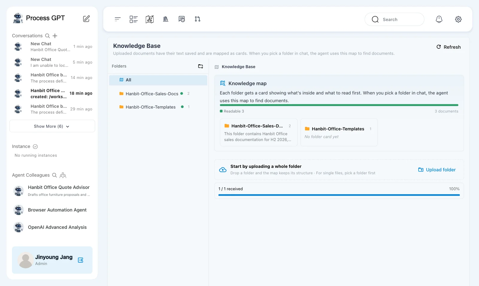 Uploaded template — Hanbit-Quote-Template.docx in the Knowledge Base with indexed status