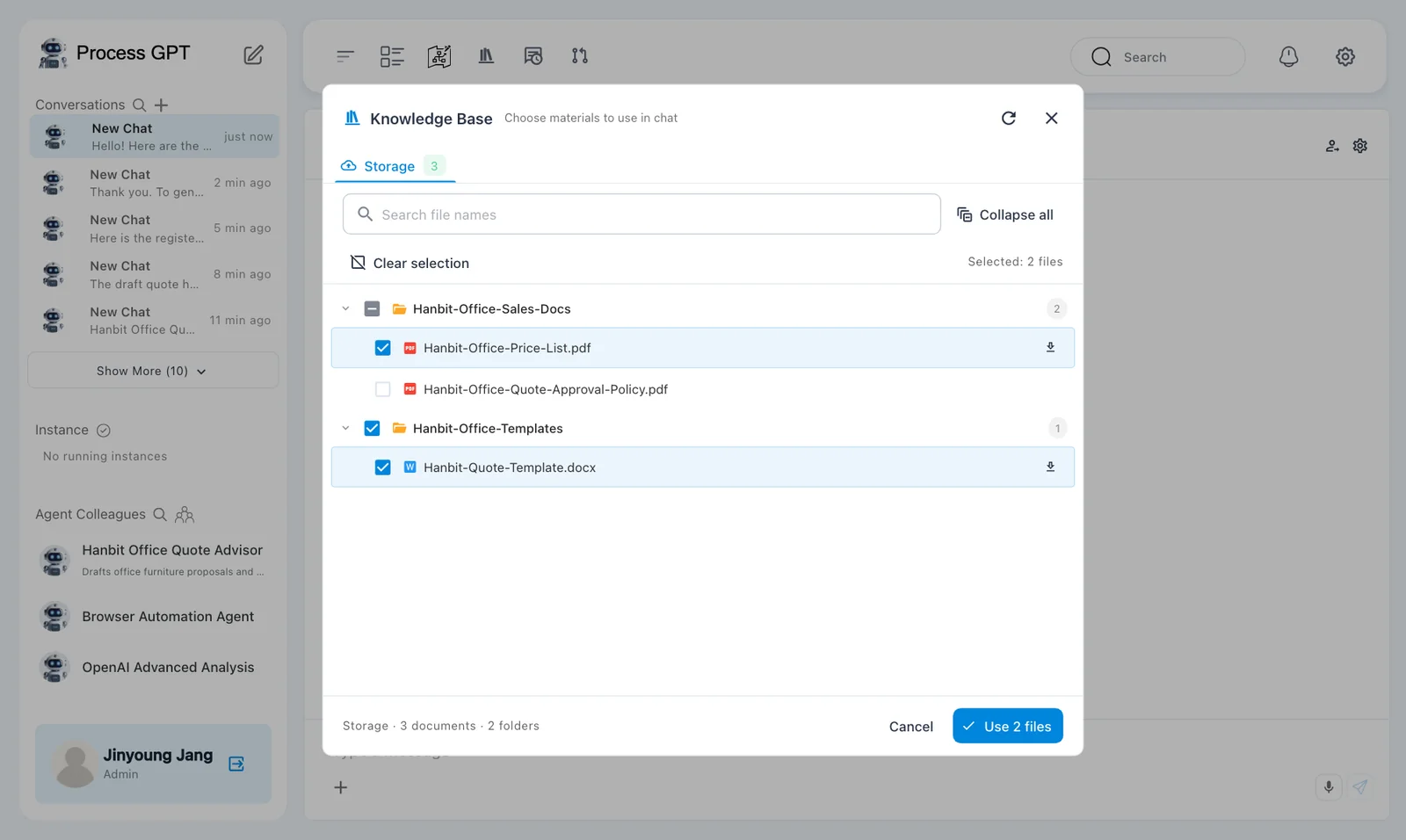 Selected sources — the price list and Word quote template in the Knowledge Base picker